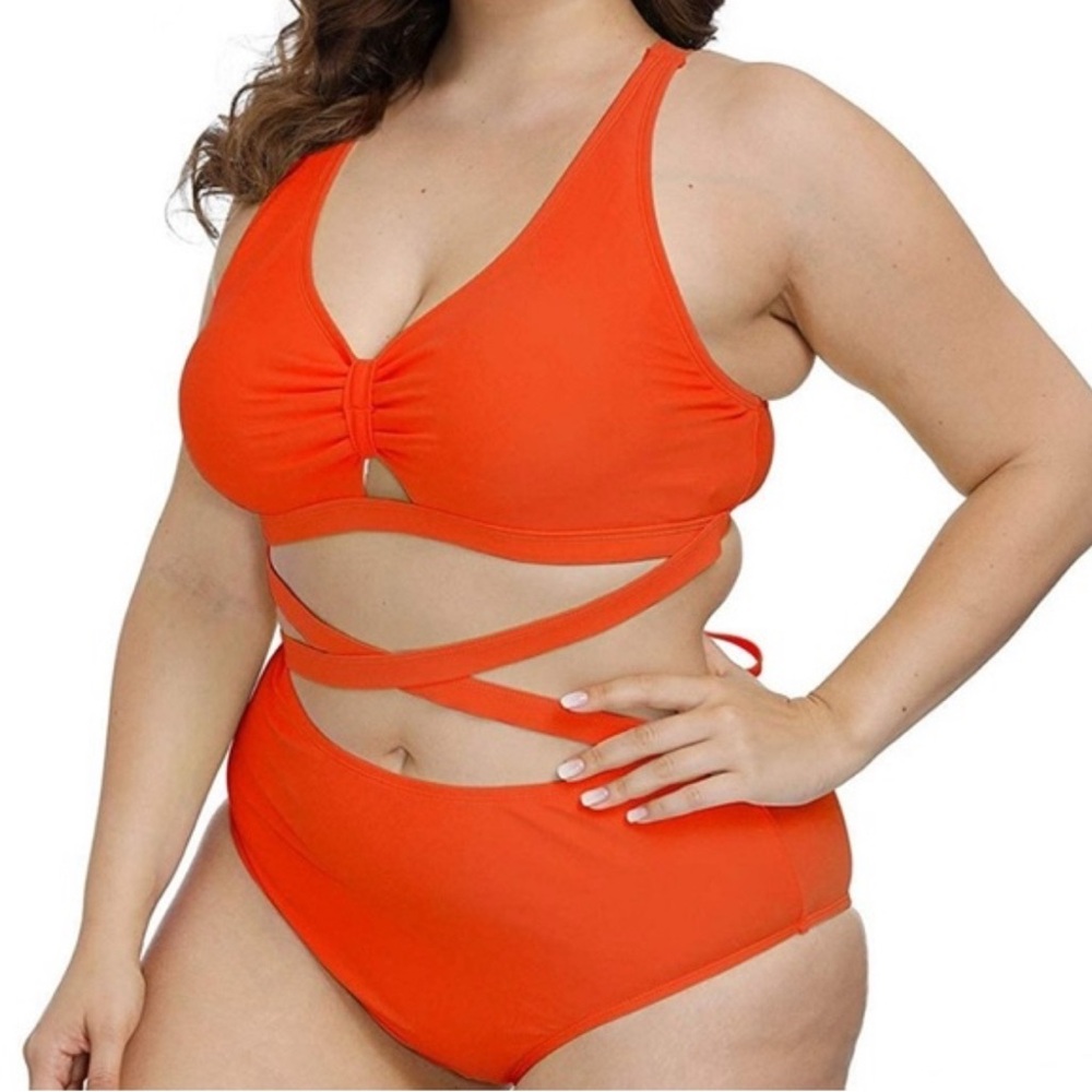Women's Plus Size Swimwear 2 Piece High Waisted - Neon Orange NWOT
